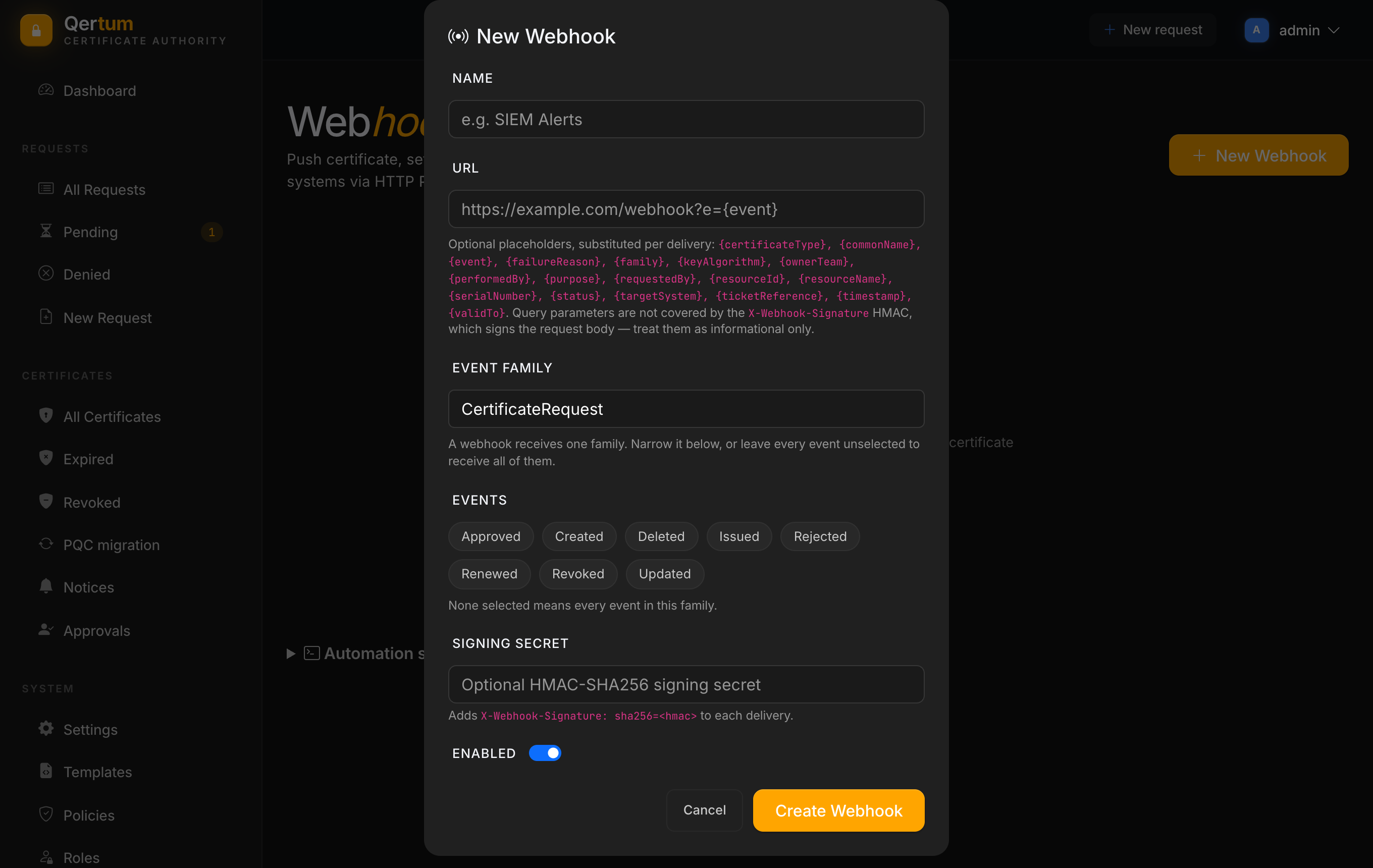 The New Webhook form with name, URL, event family, events and signing secret
