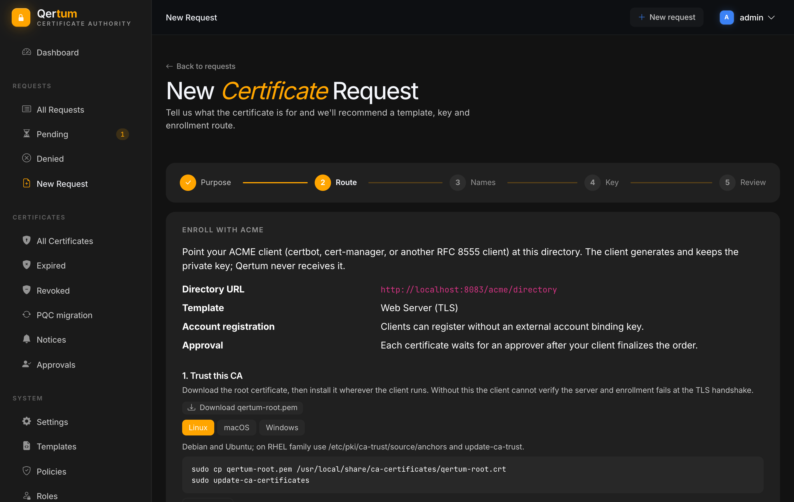 The ACME route showing the directory URL and the trust and enrol instructions