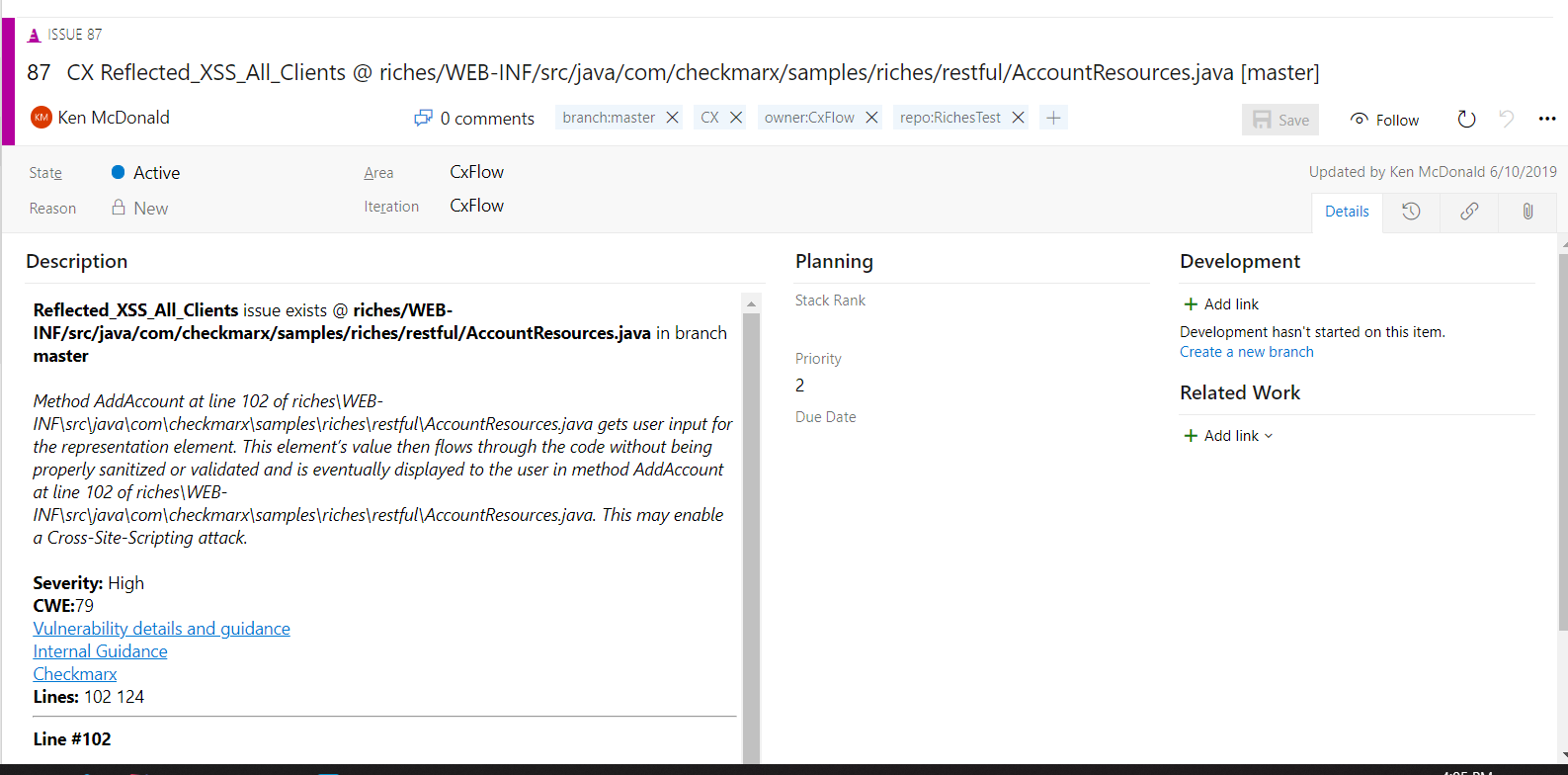 Screenshot of Azure Devop work item