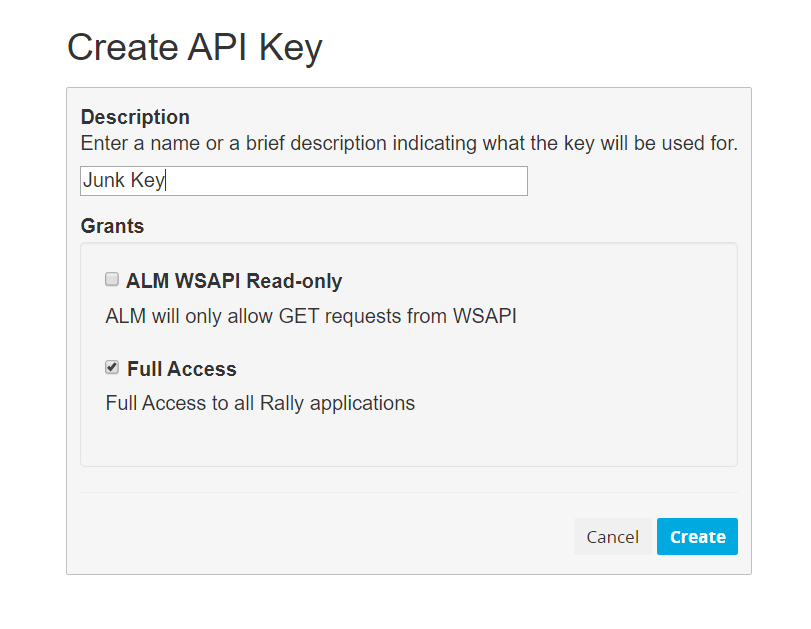 Screenshot of the popup dialog box. Here give the API key a name and Full Access