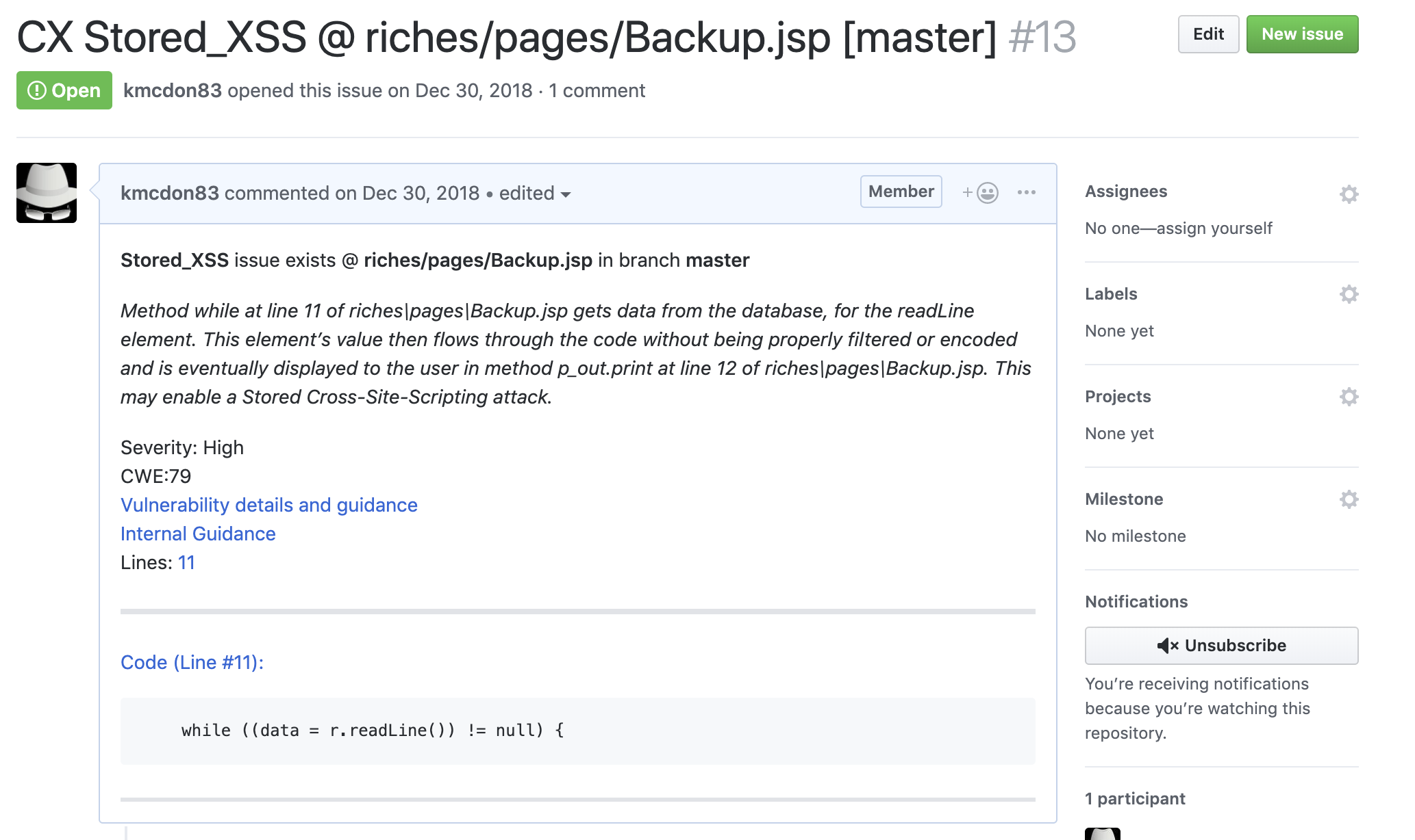 Screenshot of GitHub issue