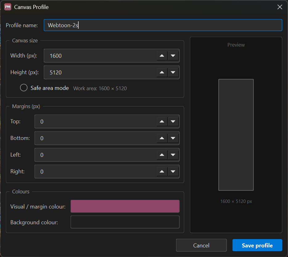 The Canvas Profile dialog