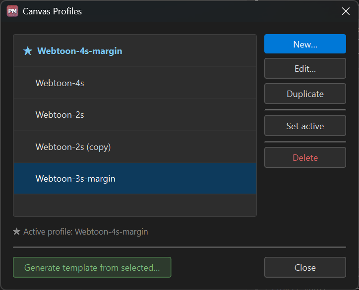 The Canvas Profiles dialog