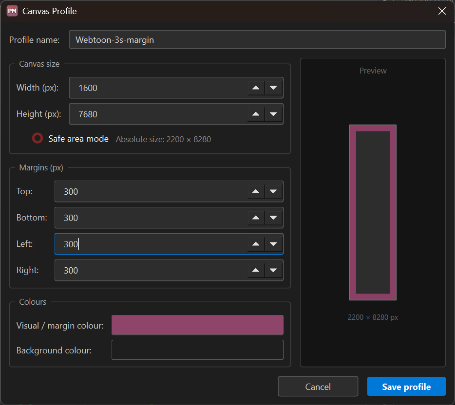 A canvas profile with margins