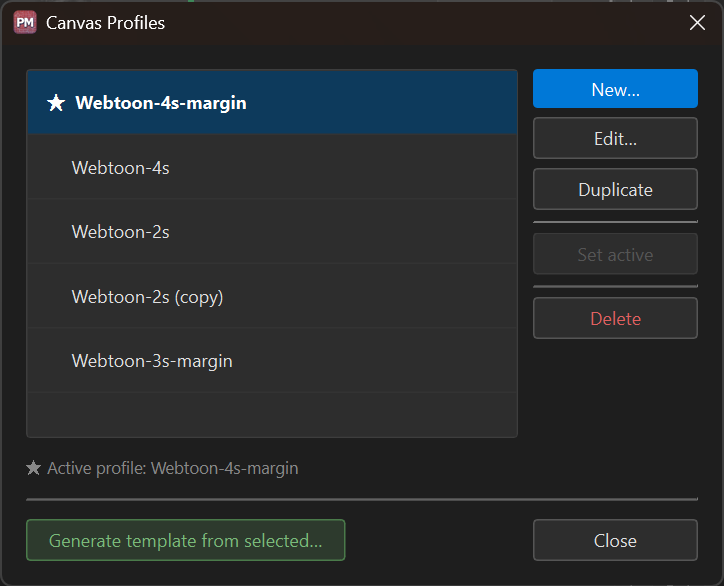 The canvas profile dialog