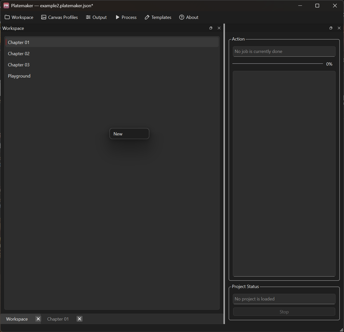 Right-clicking empty space in the Workspace panel