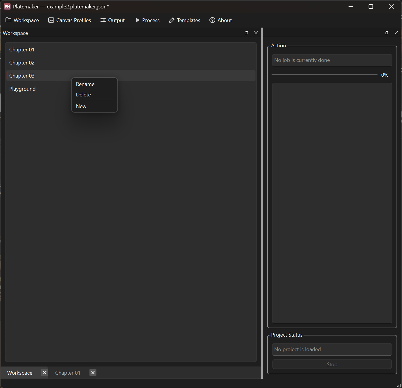 The context menu on an existing project