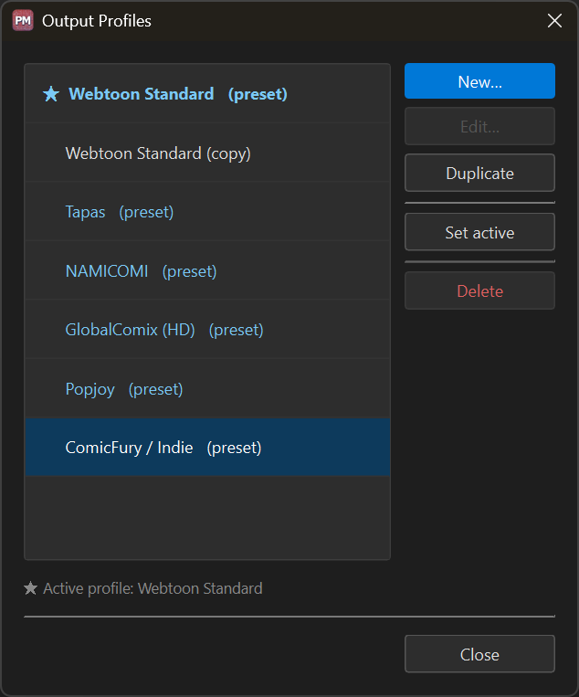 The Output Profiles dialog