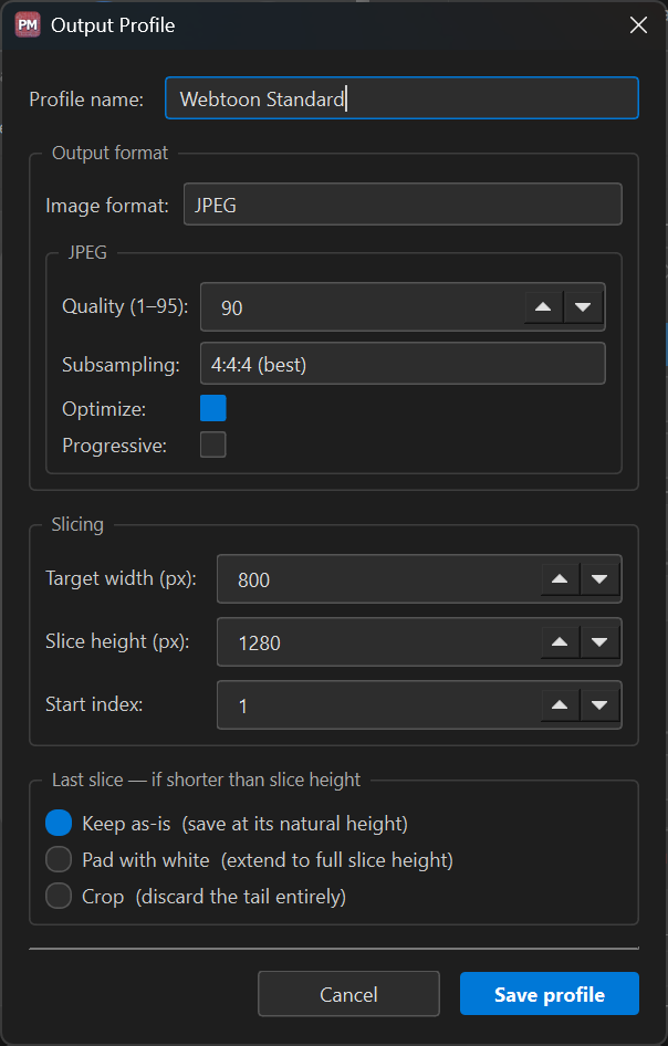 The Output Profile dialog