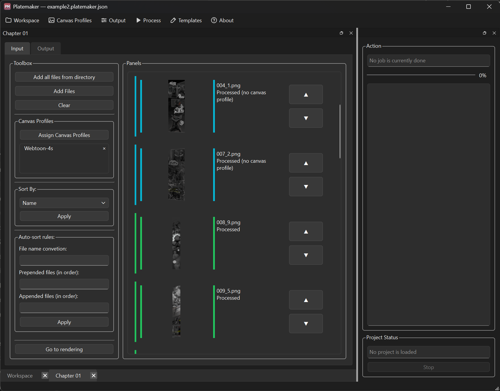 Input tiles: cyan "no canvas profile" above green "Processed"