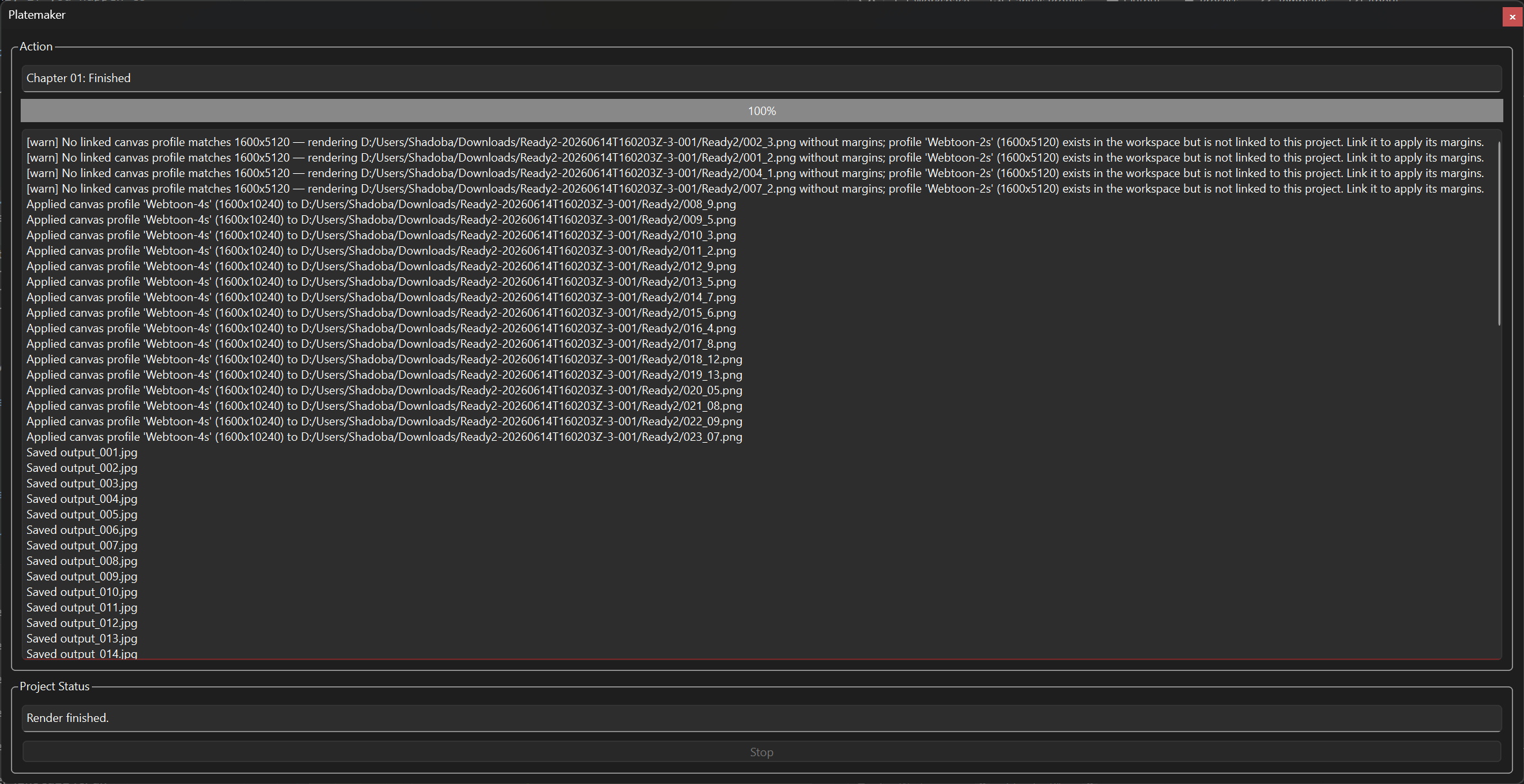 The Action and Project Status panels after a render