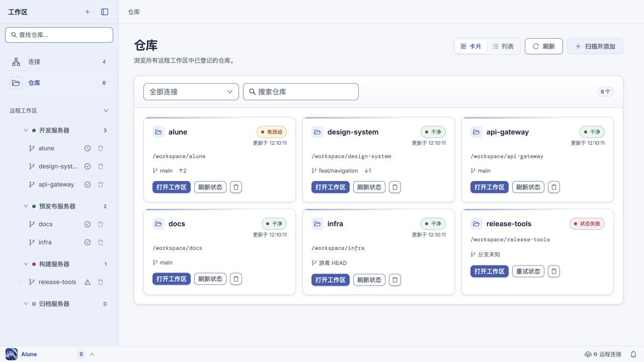 Alune 仓库卡片浅色界面