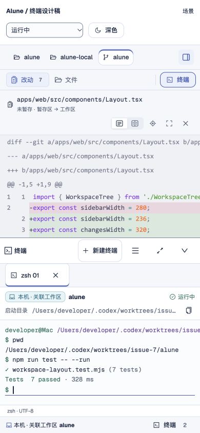 Alune 终端 UI 设计：390px 窄窗口