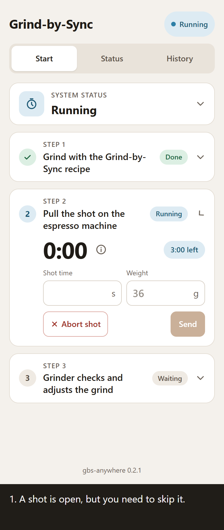 Tap Abort shot, confirm the action, and see the shot marked aborted.