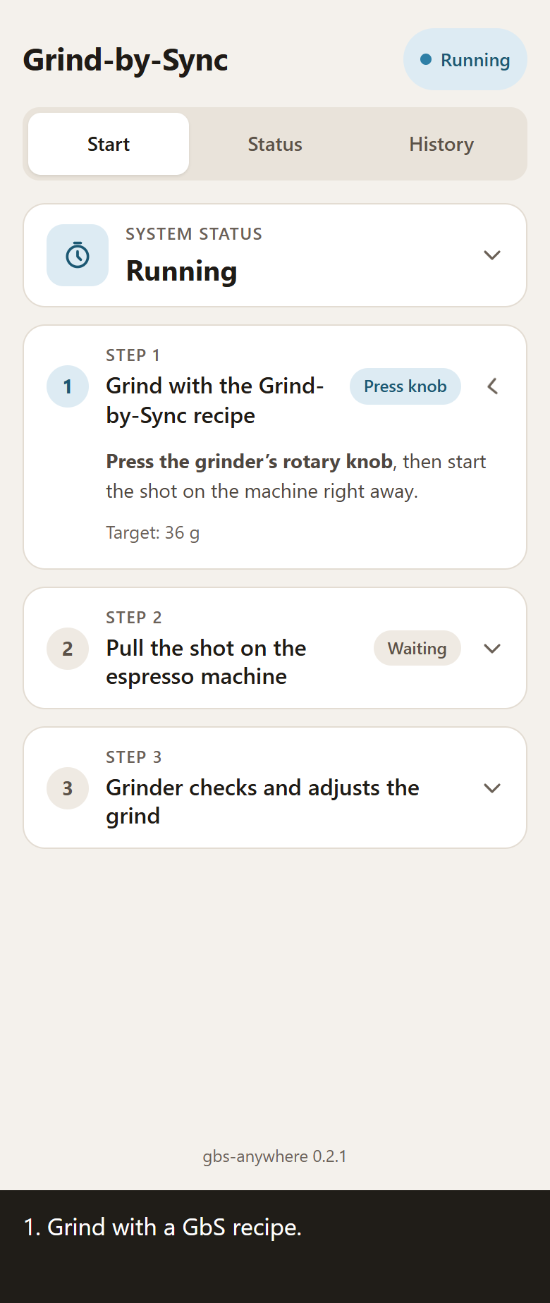 Grind, press the E64 WS knob, enter a measured time and weight, send the shot, and review the result.
