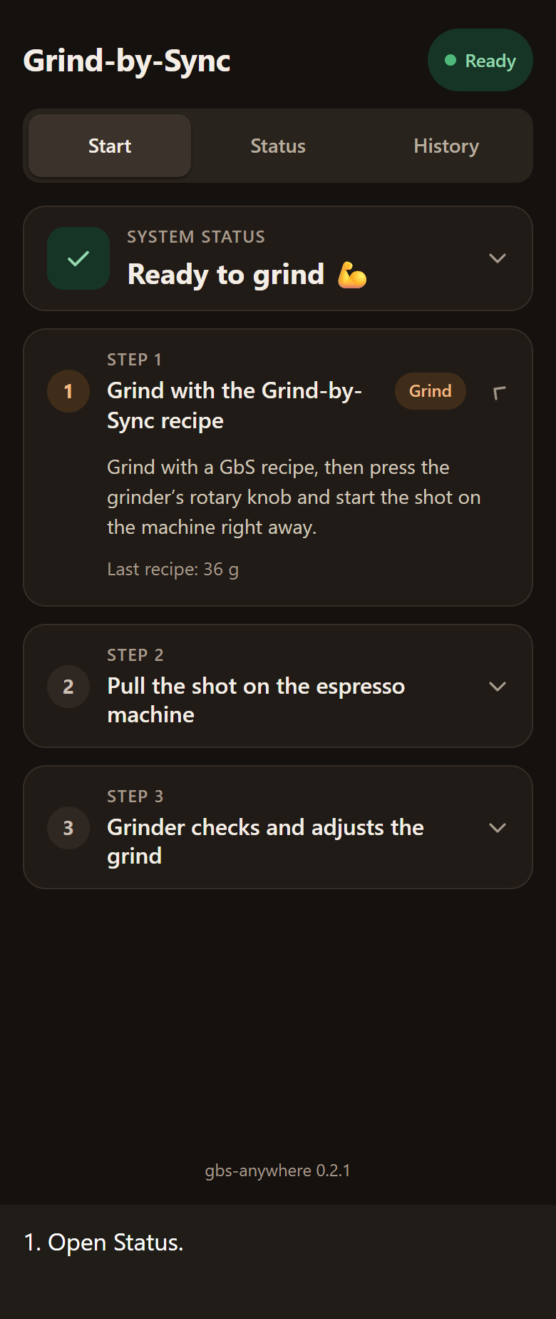 Open Log on Status, review recent activity, toggle Warnings only, and restore all lines in dark mode.