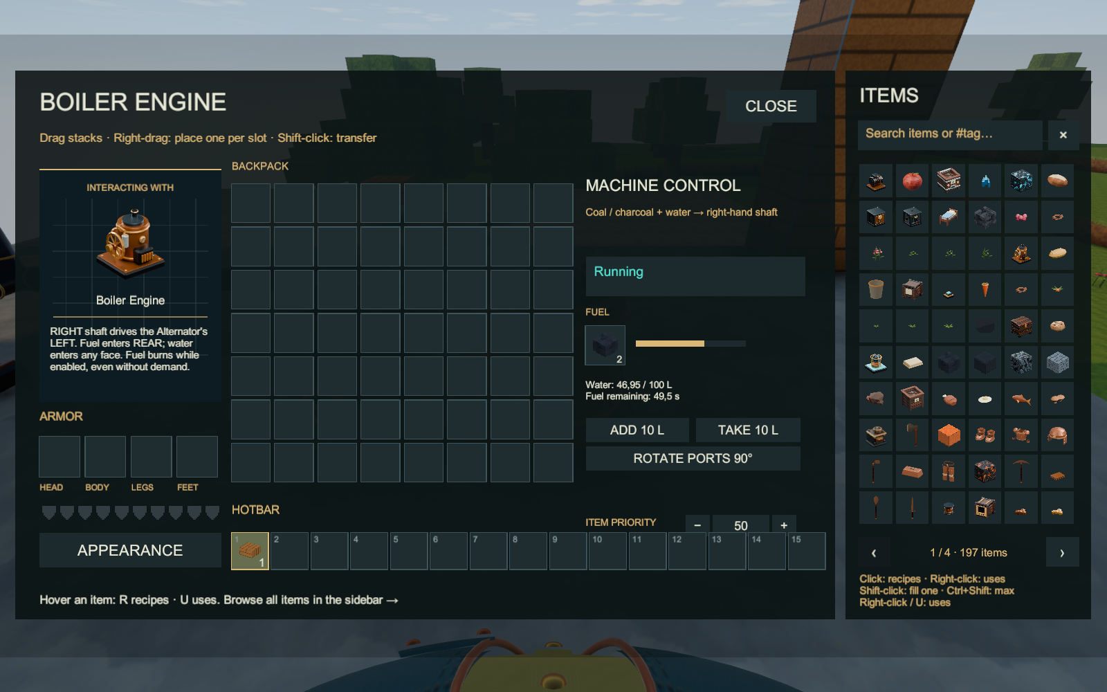 The Boiler interface explains fuel, water and the Alternator shaft