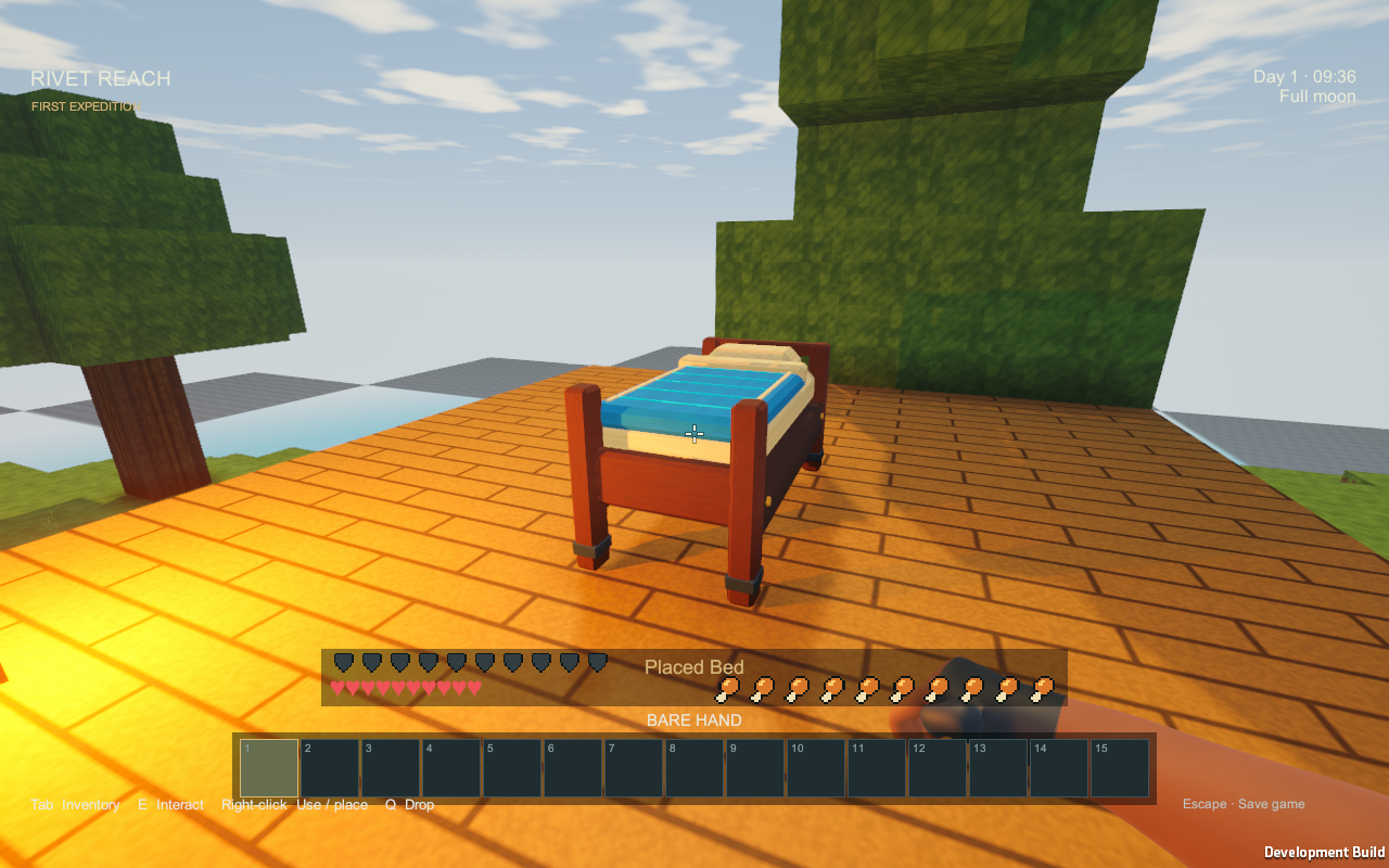 The placed timber bed with a blue quilt and linen pillow