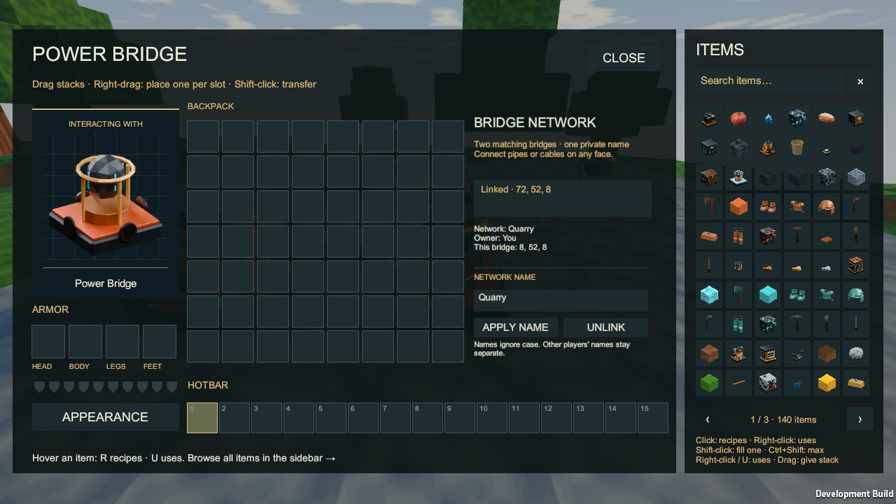 Bridge controls show the private name, owner and partner coordinates