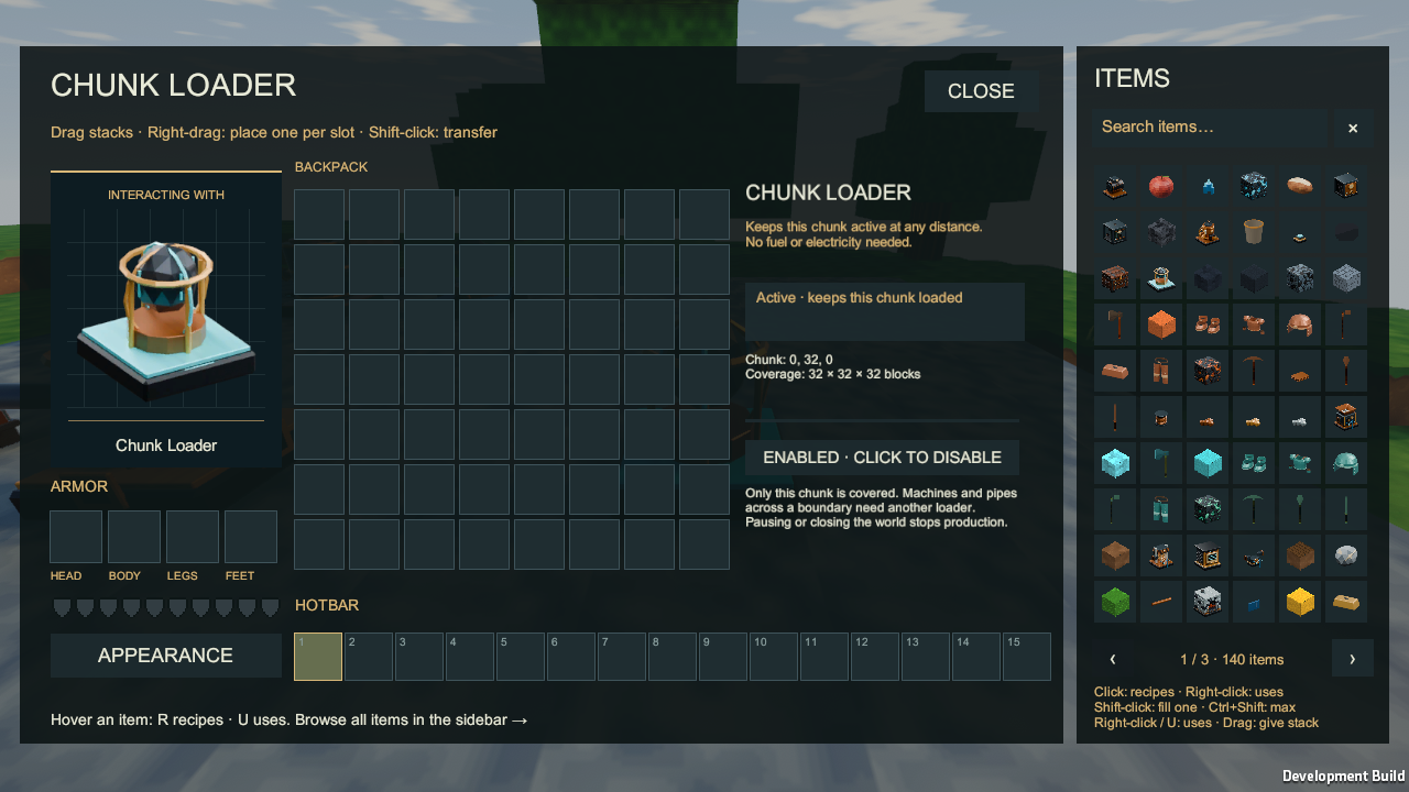 Chunk loader controls show enabled state and chunk coverage
