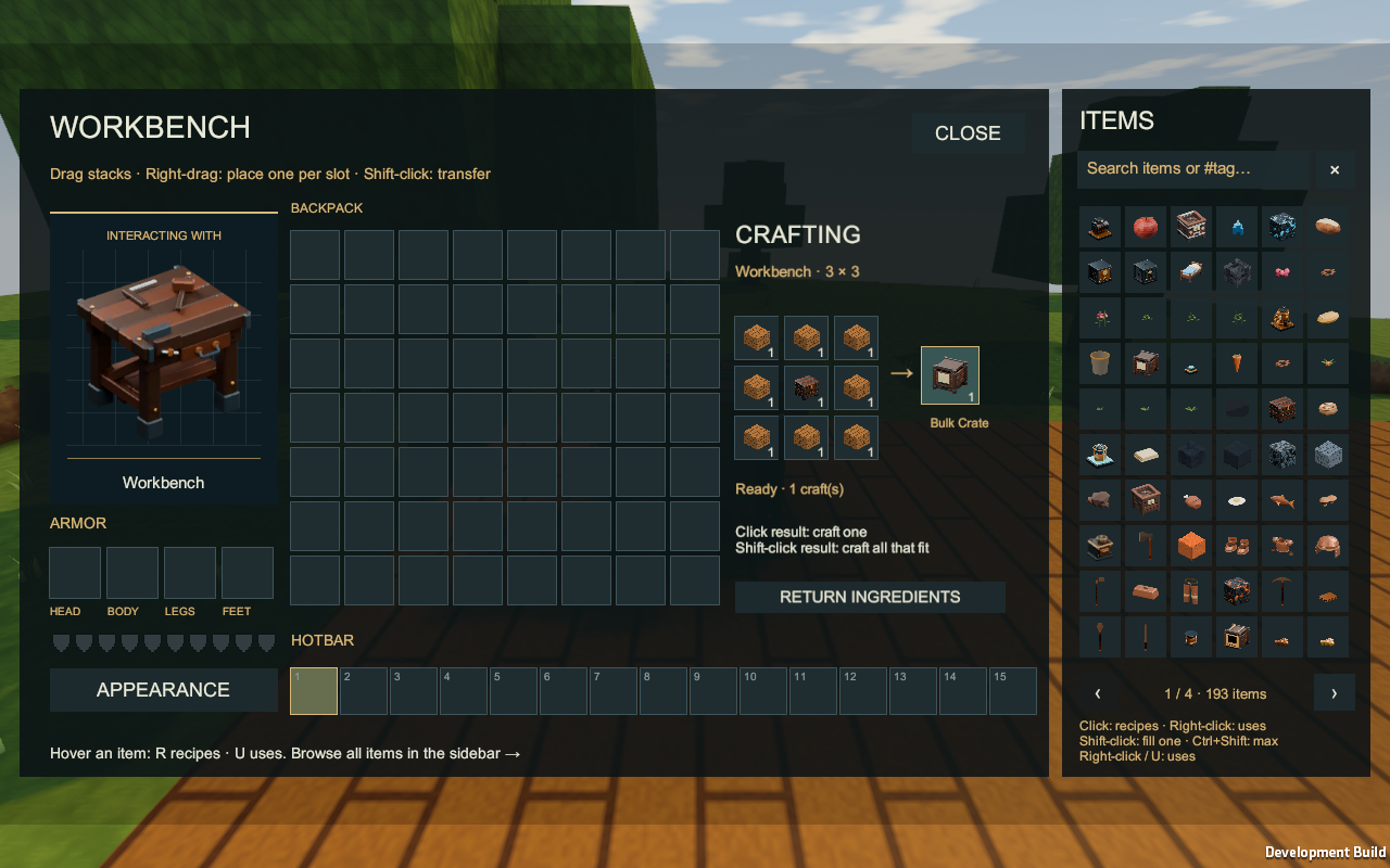 Crate ingredients arranged in the Workbench