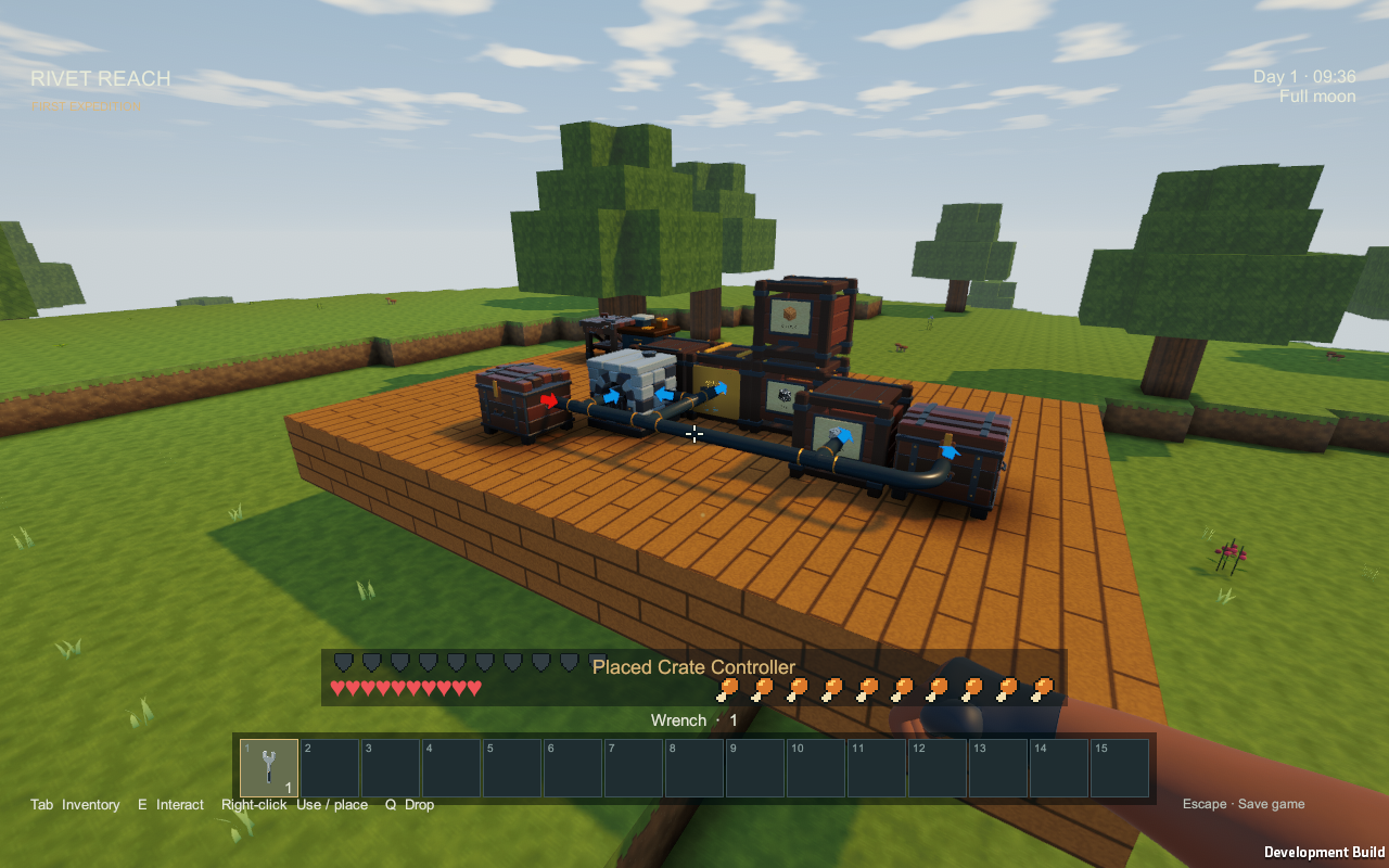 A real pipe run with a source chest, Furnace, warehouse controller, individual crate and overflow chest