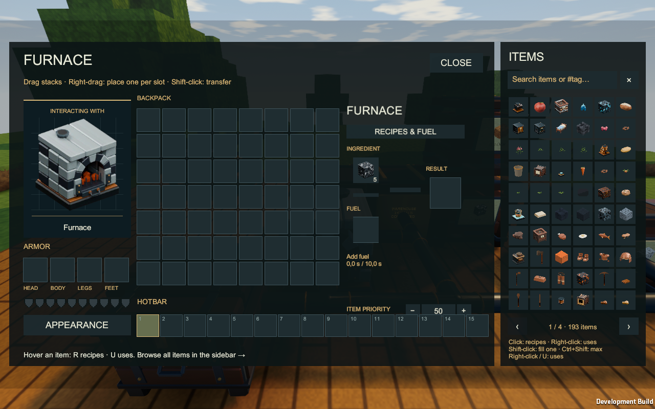 Furnace interface with its illustration and separate ingredient, fuel and result slots