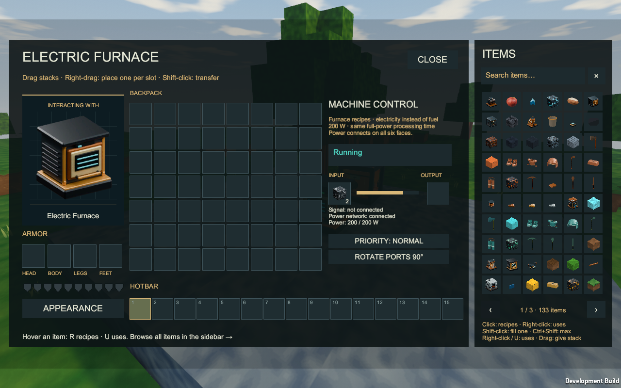 Electric furnace input, progress and 200 W running status; there is no fuel slot
