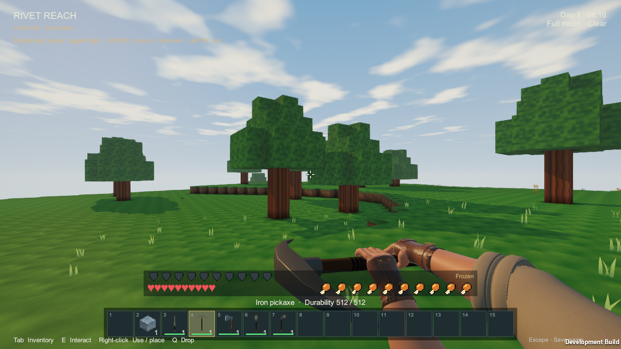 First-person view holding an iron pickaxe