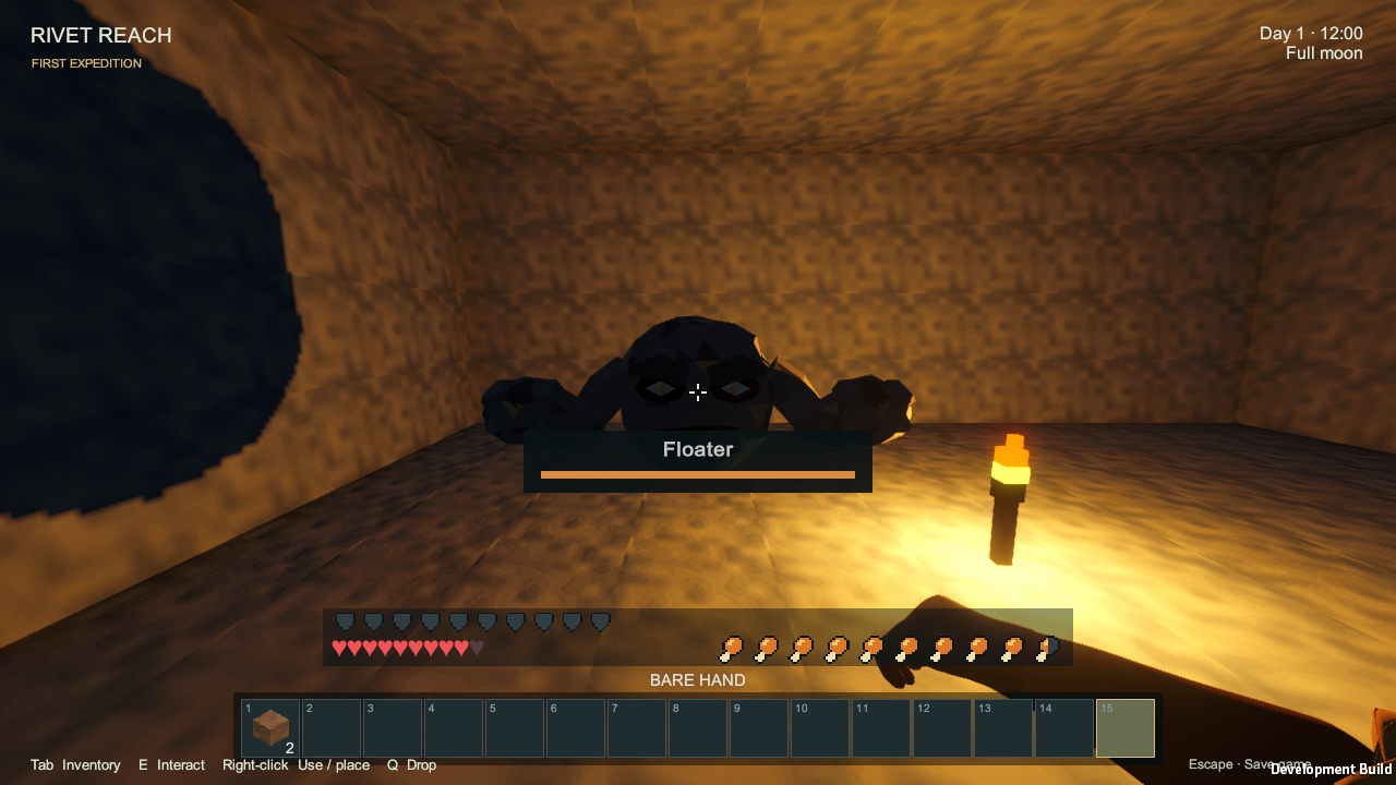 A torch lights a cave floor beside an existing Floater