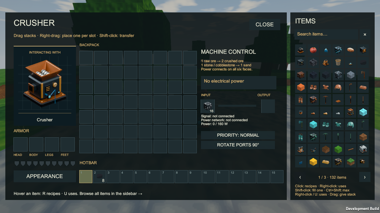 Crusher interface with machine illustration, backpack and input/output controls