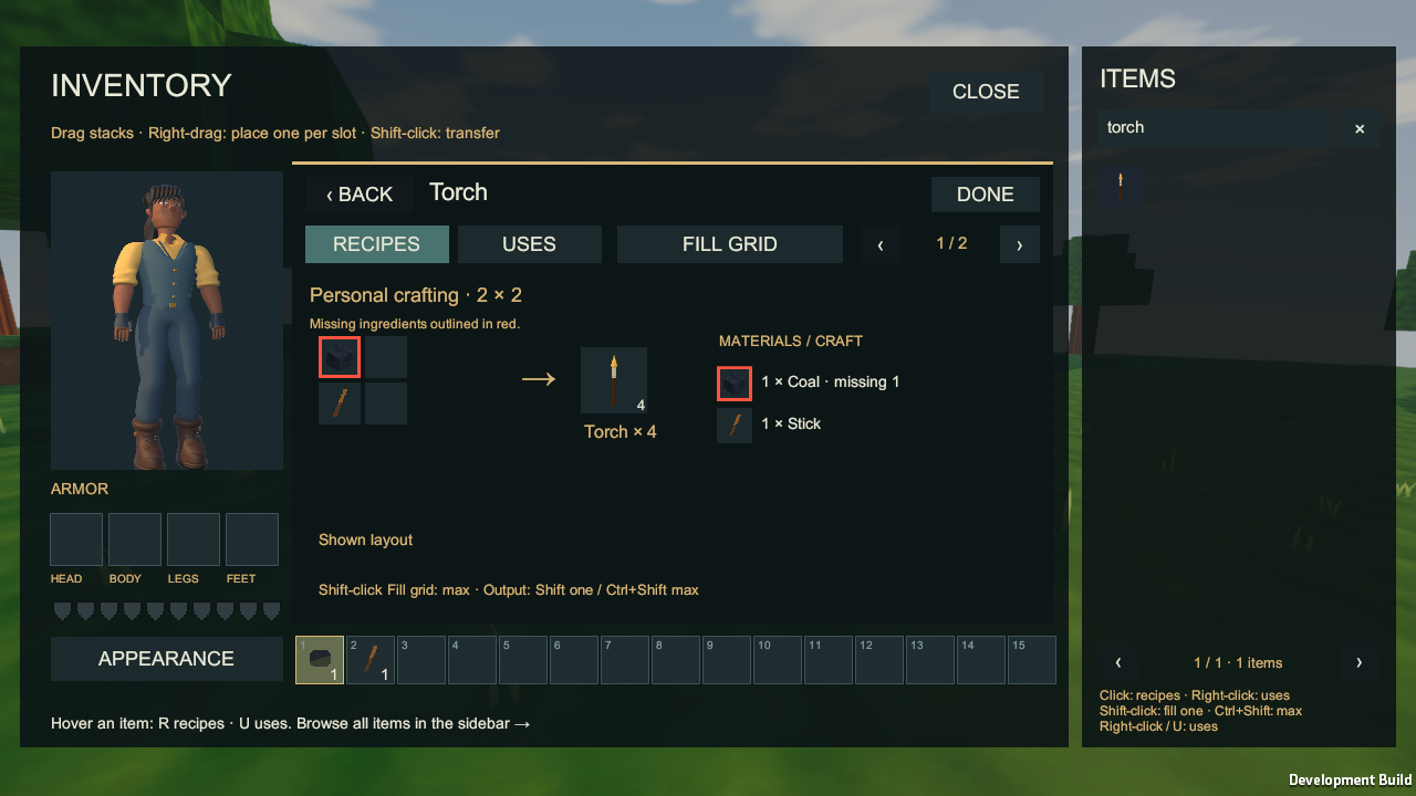 The recipe preview outlines missing coal while the available stick remains unmarked