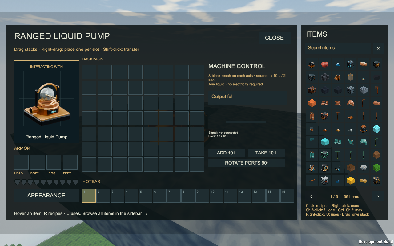 Pump controls showing the collected lava buffer