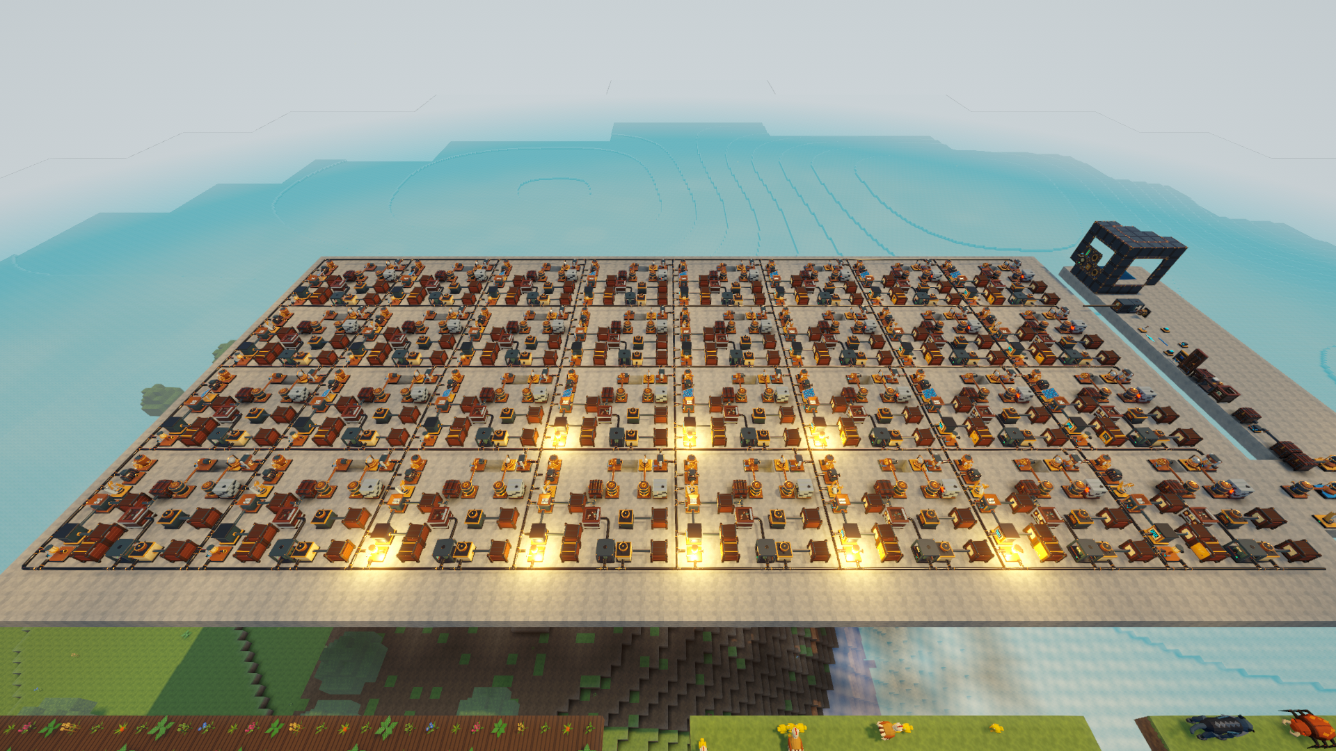 A raised industrial platform beside planted fields and a persistent chicken flock