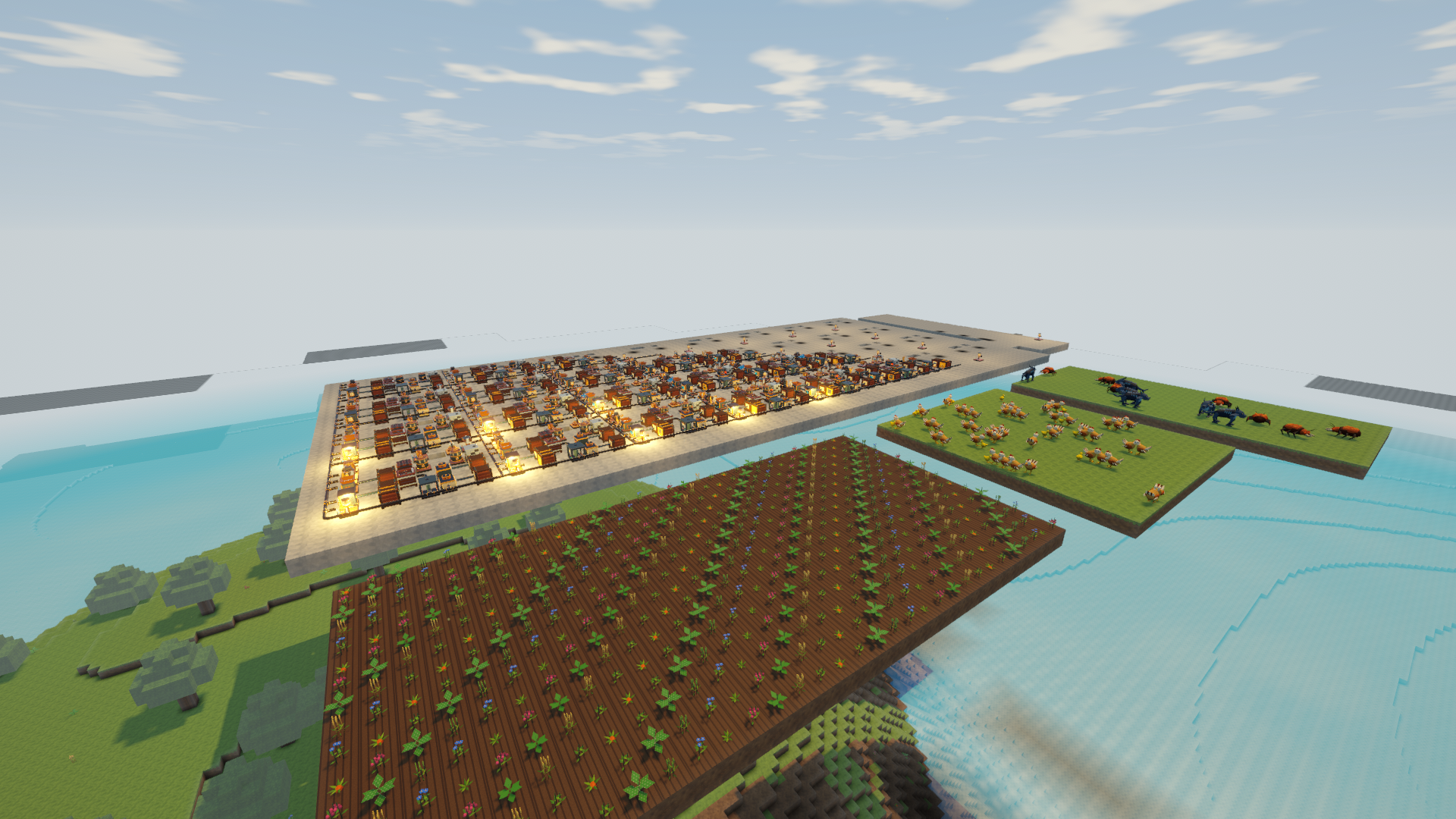 Crop fields and animals next to the factory’s power and processing equipment