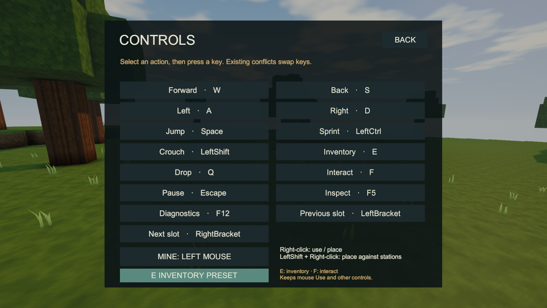 Controls after selecting the optional E inventory preset