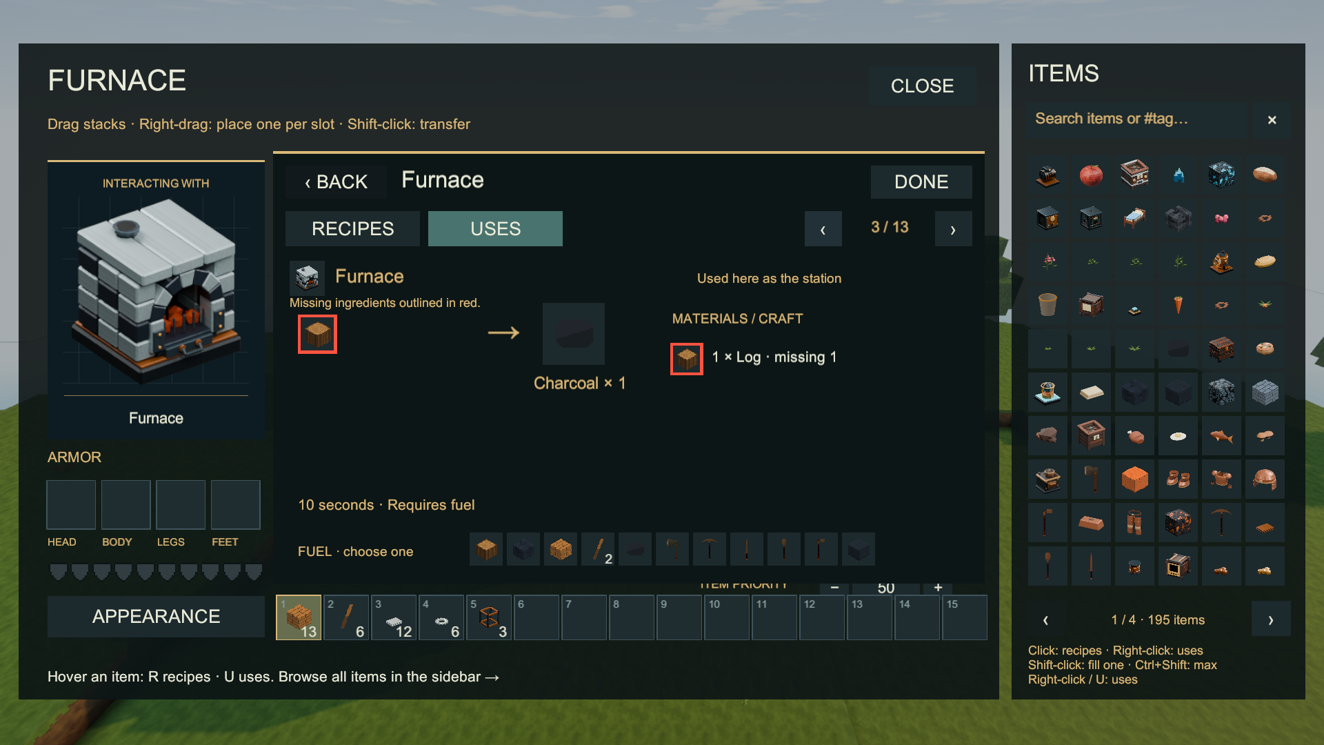 The furnace guide opens a smelting recipe and shows alternative fuels
