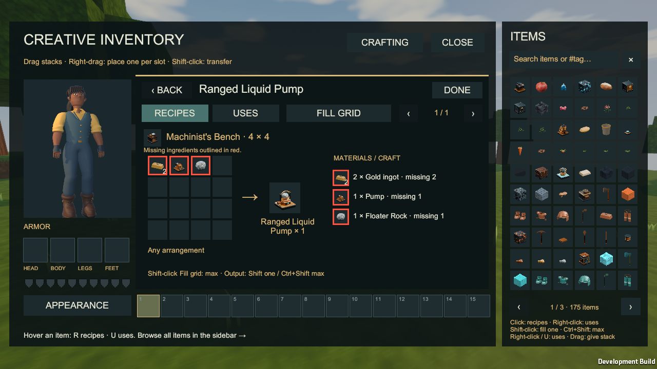 Ranged Liquid Pump recipe with two gold ingots, one Pump and one Floater Rock