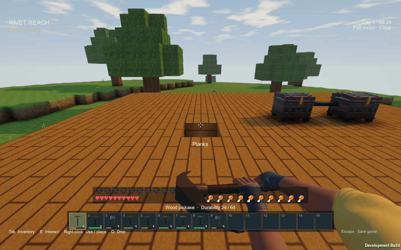 Selected tool with its remaining durability visible above the hotbar