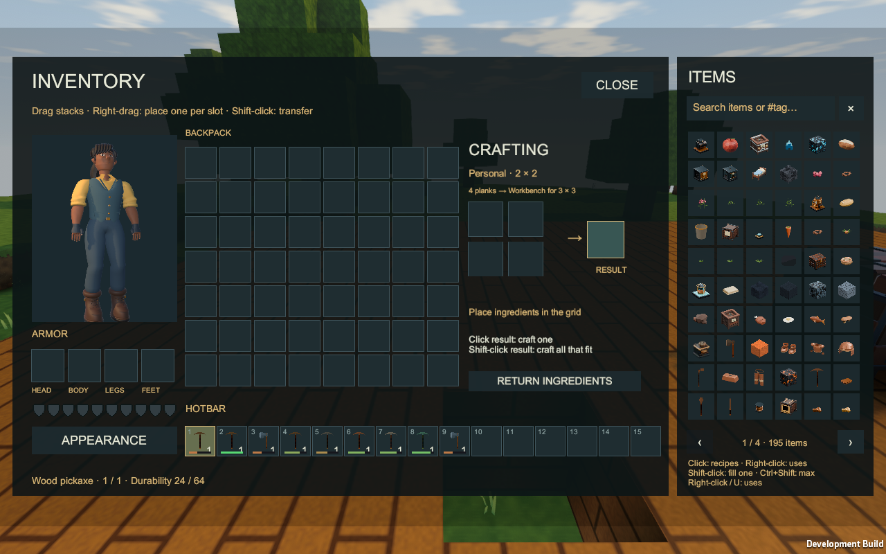 Worn tools with separate inventory slots, remaining durability bars and an exact tooltip