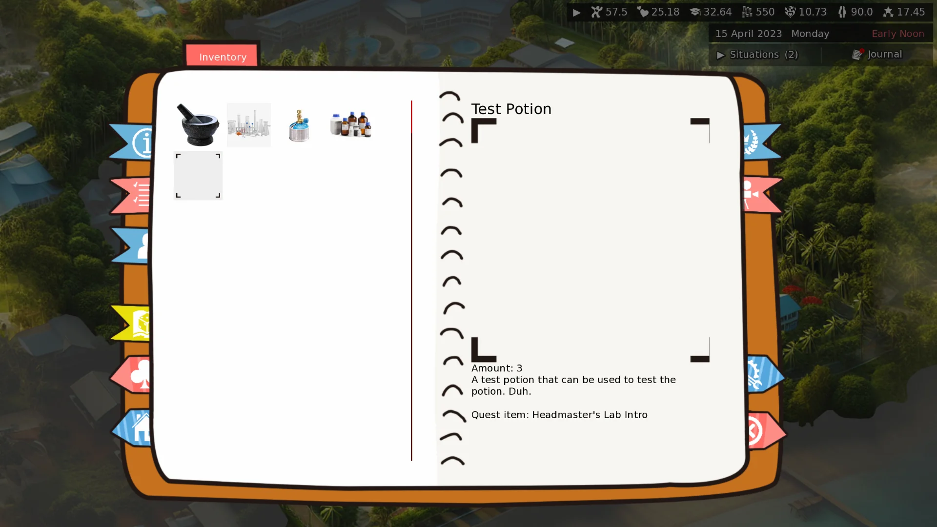 Journal inventory page with the Test Potion selected