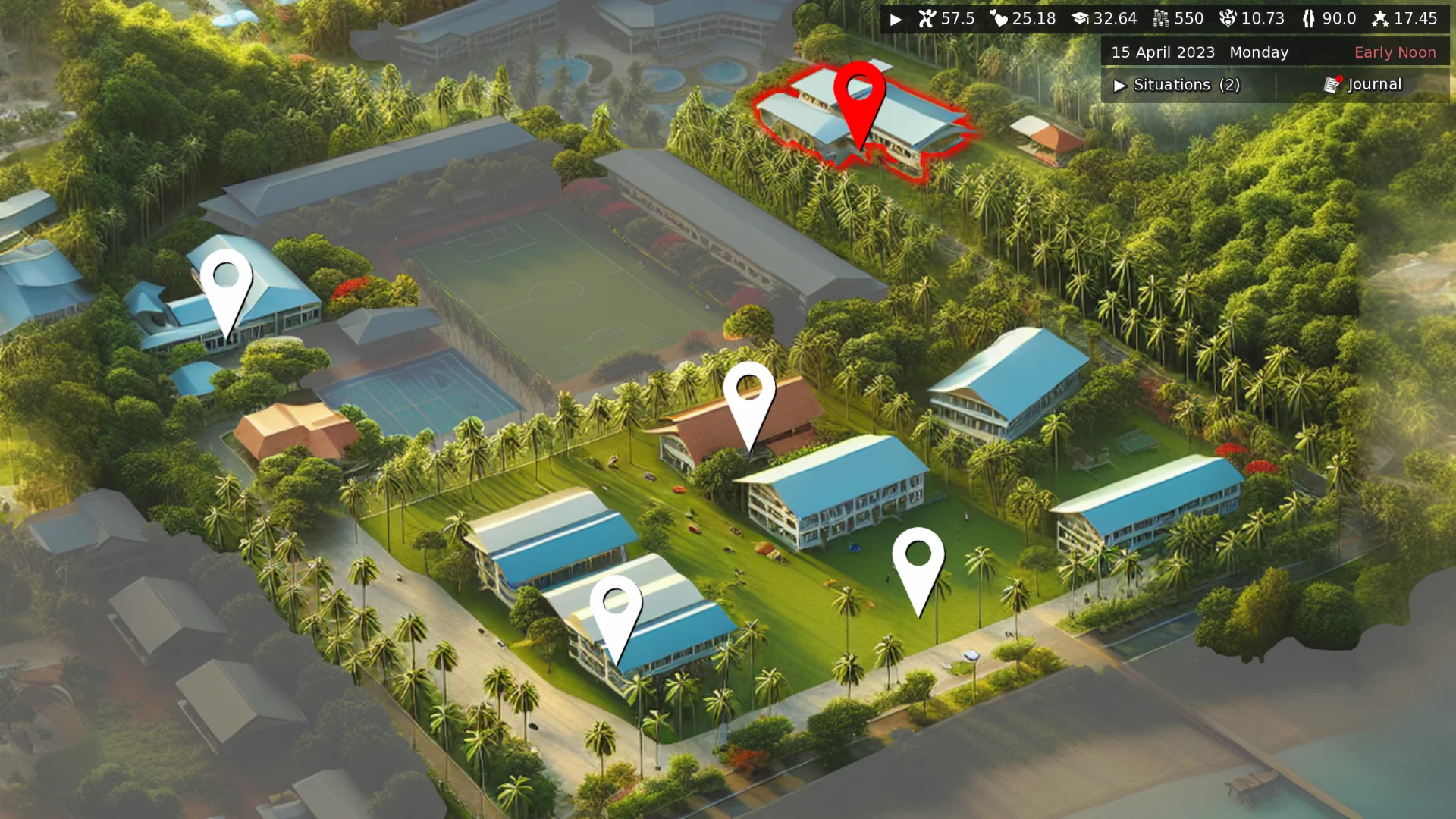 School map with the stats bar, situations and building pins