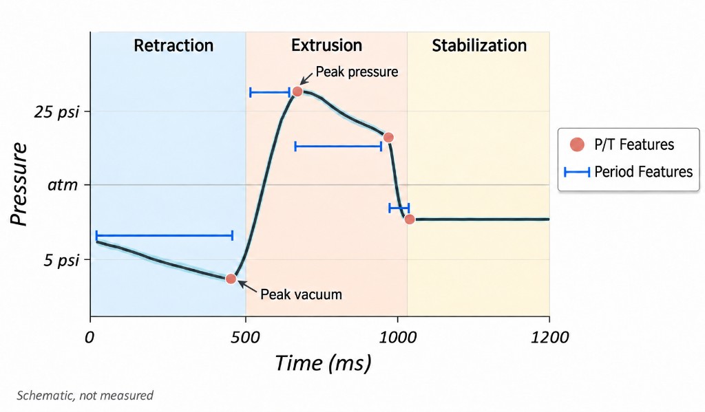 Pressure versus time from 0 to 1200 ms. Retraction, extrusion, and stabilization are shaded. Peak vacuum and peak pressure are marked. Red dots are pressure-and-time features. Blue bars are period features. Schematic, not measured.