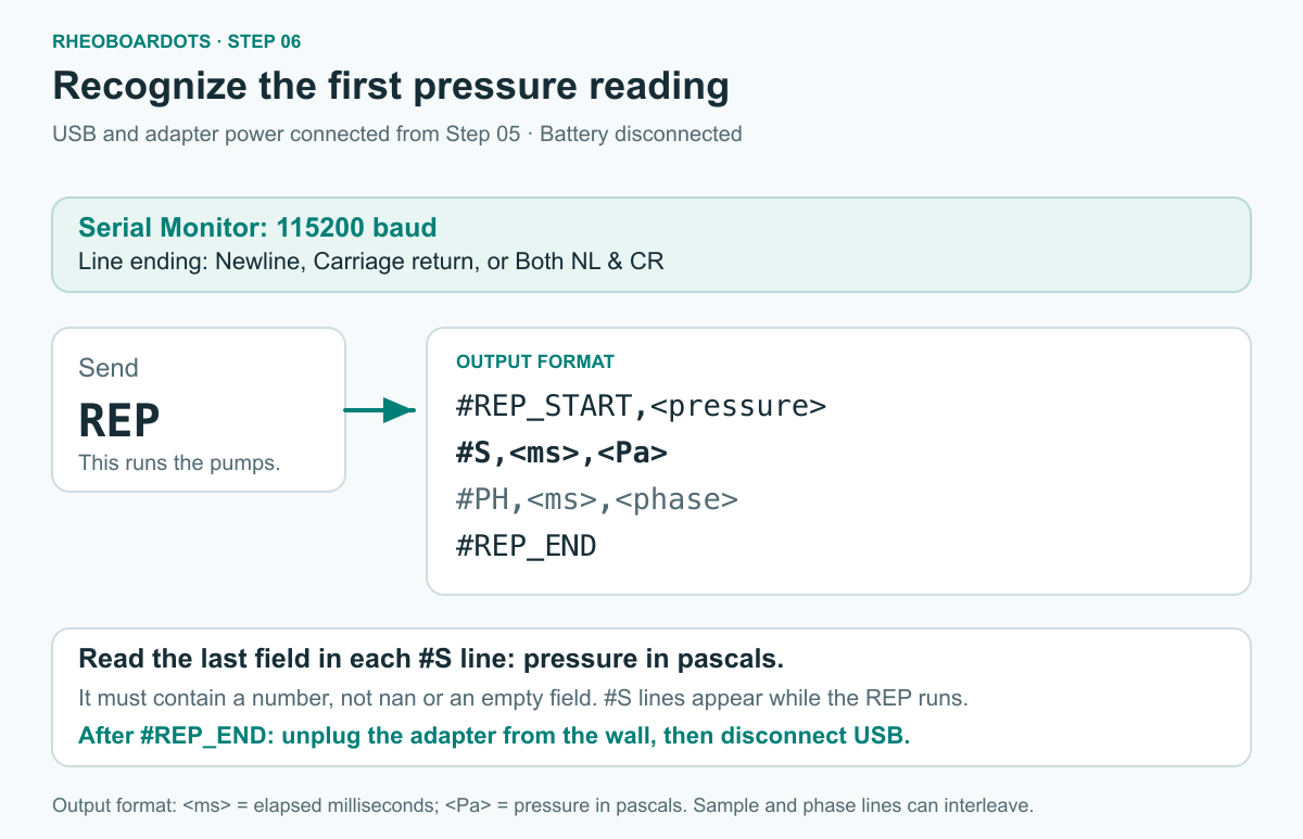 Serial output format after REP: #REP_START, #S lines with milliseconds and pascals, #PH phase lines, and #REP_END. The fields are symbolic, not a captured log.