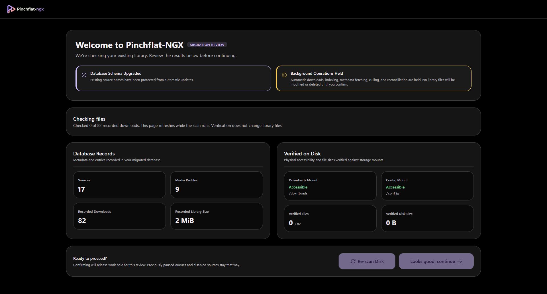 Welcome screen with file verification in progress and background operations held