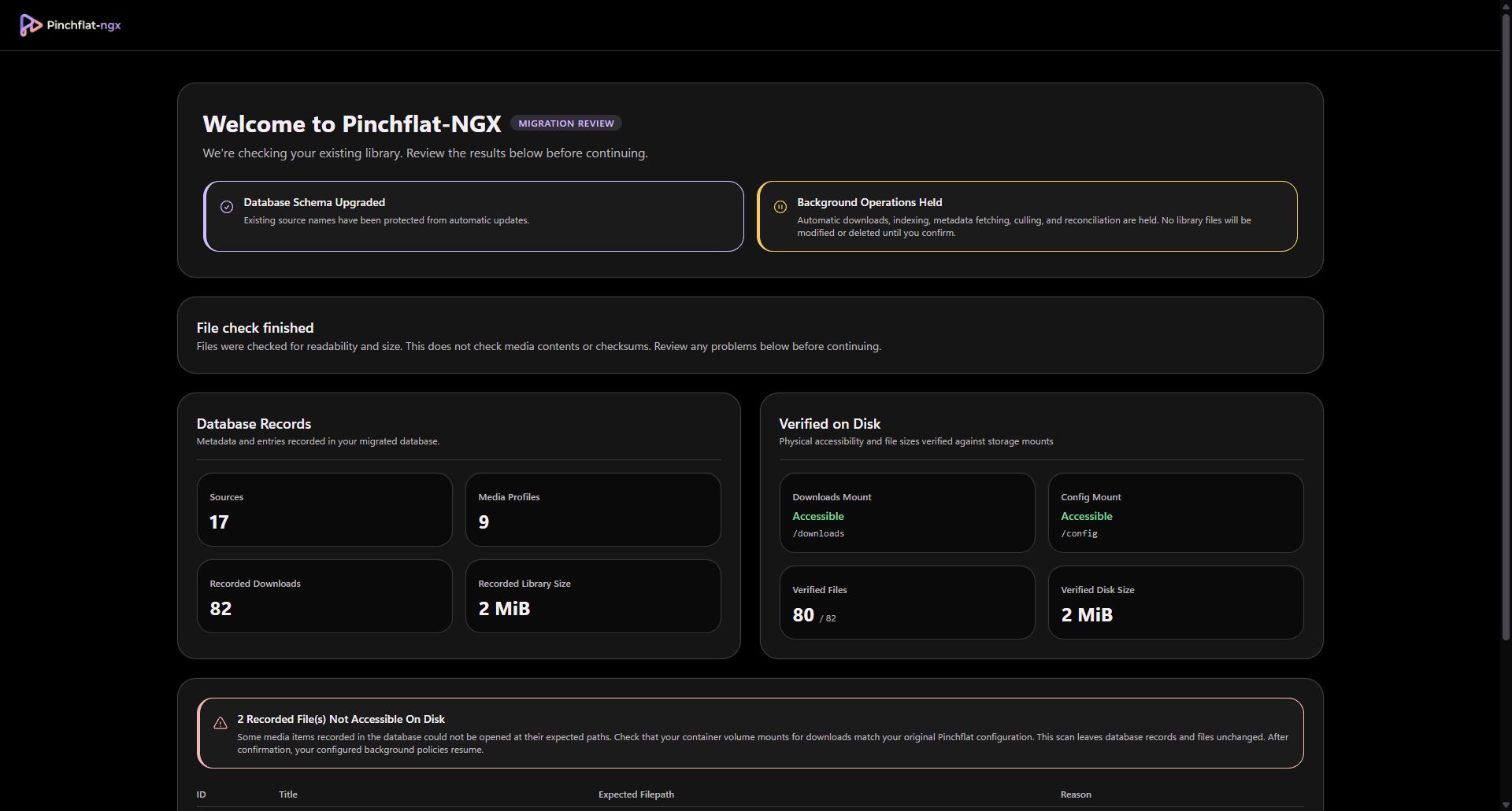 Finished file check showing database totals, verified files and two inaccessible files