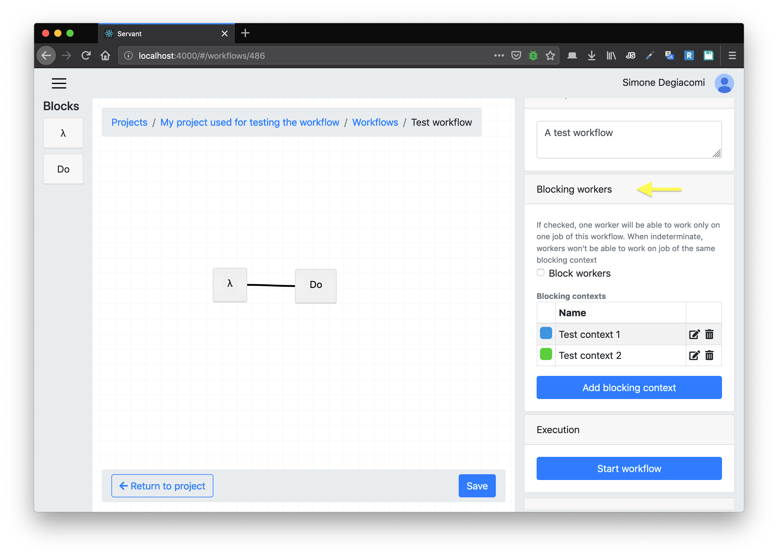 Workflow blocking contexts