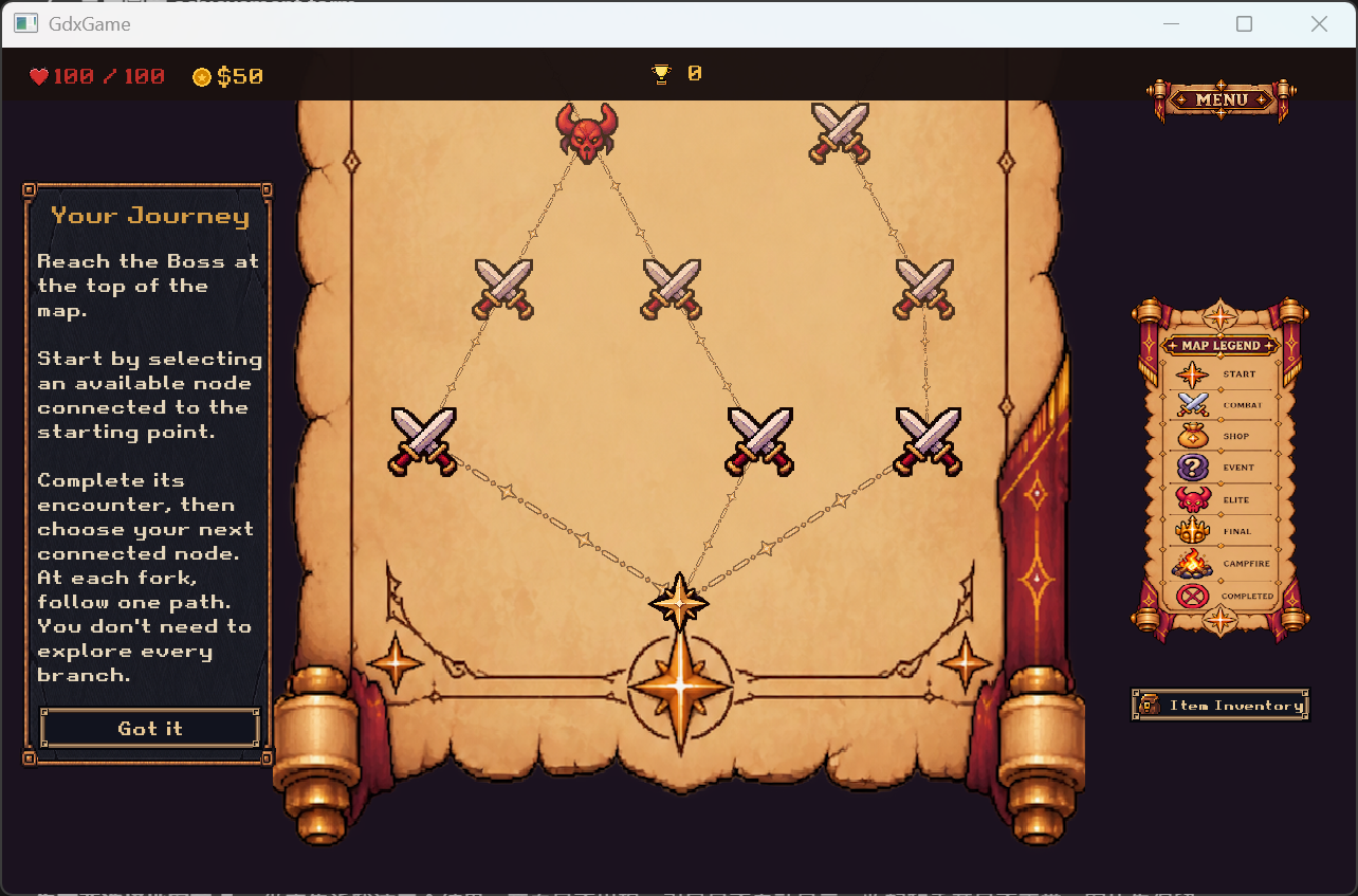 Fresh Map introduction after Skip; HUD shows 100/100 HP and 50 Gold.