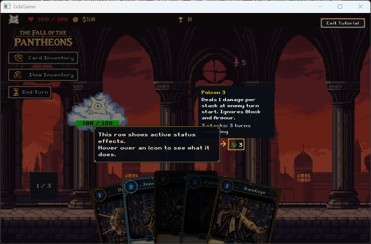 Live Status teaching and Poison hover: 3 stacks and 3 turns. Known limitation: the teaching prompt overlaps part of the hover duration text.