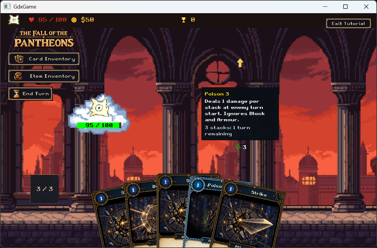 Poison hover later shows the same 3 stacks with 1 turn remaining; tutorial player has taken damage (95/100 HP).